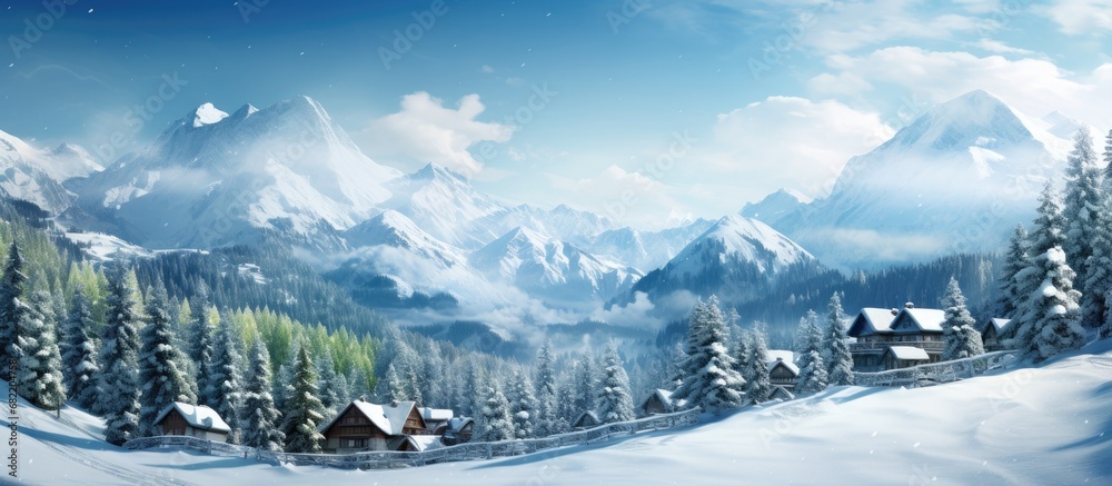 In the breathtaking landscape of a snowy winter forest, a majestic mountain covered in glistening white snow stands tall, displaying the beauty of nature and creating a contrast with the lush green