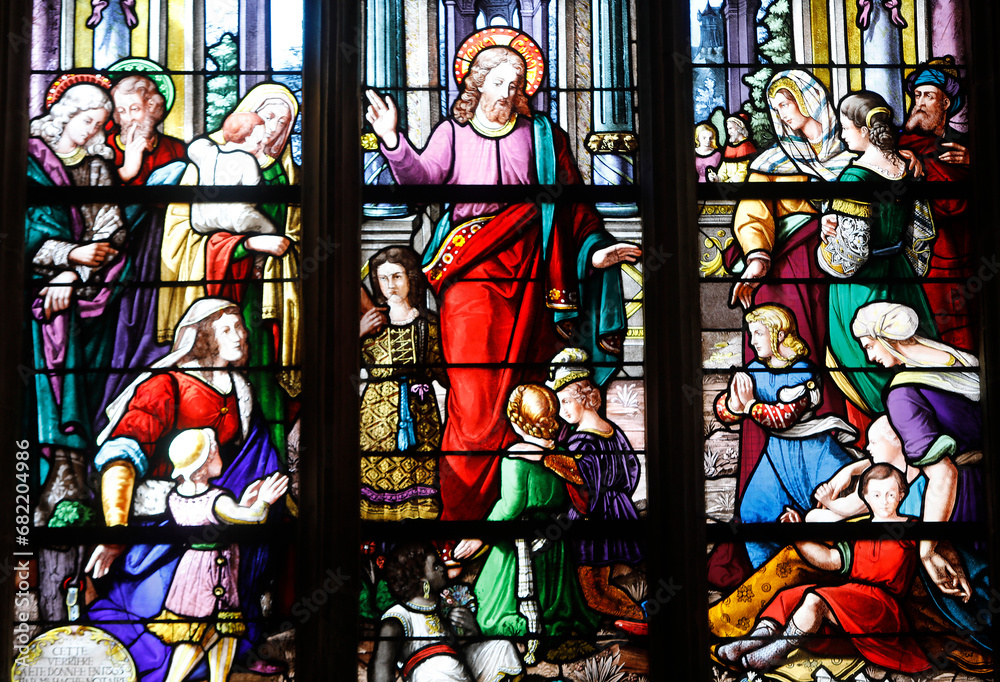 Sainte Croix (Holy Cross) church, Bernay, Eure, France. Stained glass. Jesus with children.