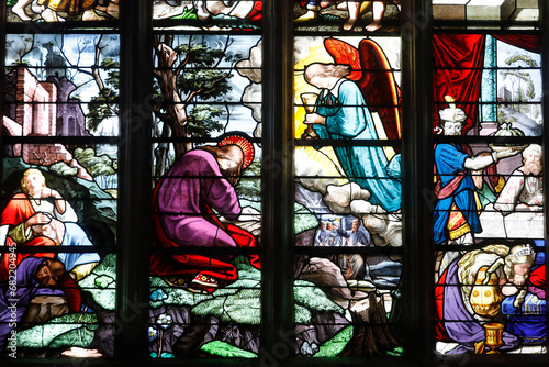 Sainte Croix (Holy Cross) church, Bernay, Eure, France. Stained glass. Jesus in Gethsemani.