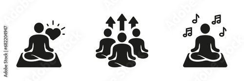 Yoga Poses Silhouette Icon Set. Wellness Symbol Collection. Meditate And Relax Glyph Pictogram. Spiritual Exercise, Group Meditation Sign. Balance, Serenity, Calm. Isolated Vector Illustration