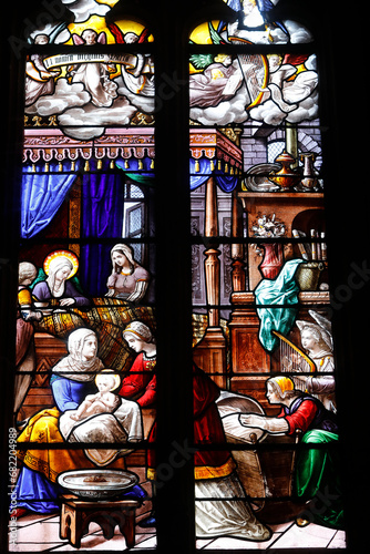 Sainte Croix (Holy Cross) church, Bernay, Eure, France. Stained glass. Jesus as a baby.