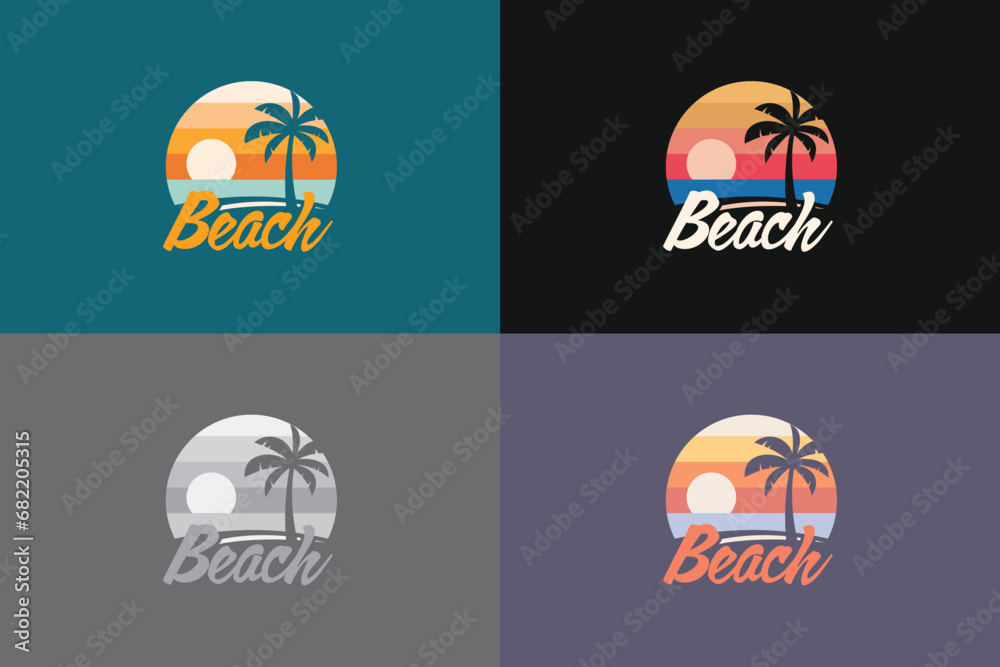 Beach logo illustration design with a palm tree on a tropical island at sunset Beach logo illustration design with a palm tree on a tropical island at sunset
