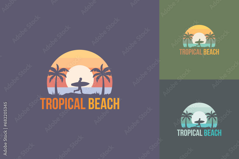 Surfing logo on tropical beach island with silhouette of man carrying surfboard vector illustration Surfing logo on tropical beach island with silhouette of man carrying surfboard vector illustration