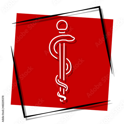 Staff of Asclepius red banner in frame. Vector illustration.