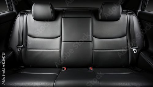 Rear black leather seats of a modern car. black car interior close-up photo