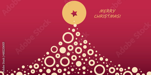 Dark Red and White Colored Modern Style Christmas Greeting Card, Simple Minimalist Tree Made of Rings and Star on Top, Design on Red Background - Vector Concept with Copyspace