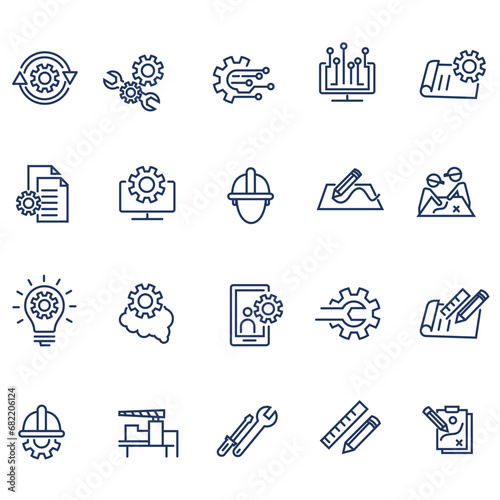 Collection of Engineering Related Vector Line Icons. Contains Icons such as Engineer, Manufacturing, Production, technology