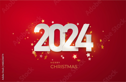 Happy new year 2024 design illustration of paper numbers on red background. Simple design happy new year 2024. Vector