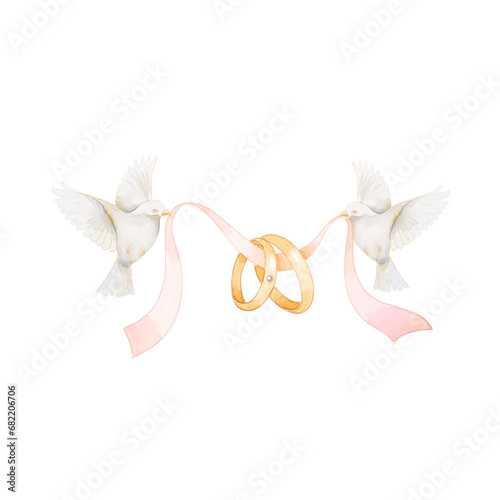 married ring in ribbon with bird watercolor
