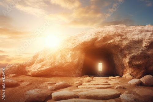 Empty tomb with shroud in Calvary hill. Christian Easter concept. Resurrection of Jesus Christ at morning sunrise. Church worship, salvation concept photo