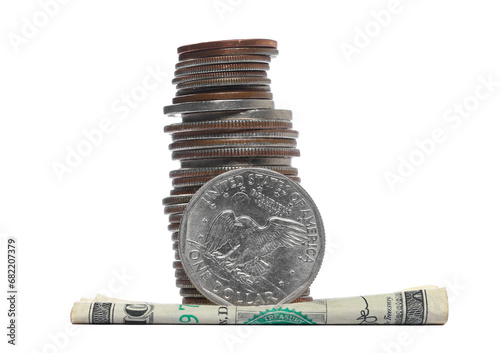 Canvastavla Set dollars metal, cash money, coin and one dollar bill isolated on white, side