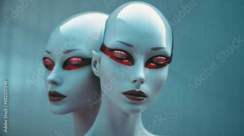 Newly augmented synthetic biomechatronic android robotic female twins - ultra futuristic depiction of possible artificial intelligence replacement of humans - science fiction replicants.