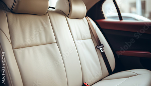 White leather rear passenger seats in a modern luxury car close up