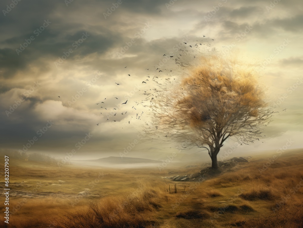 Whispers of Autumn: The Solitude of a Standing Tree in a Vast Field, Leaves Dancing in the Wind, a Poetic Embrace of Nature's Tranquil Farewell. A Timeless Portrait of Seasonal Beauty Illustration