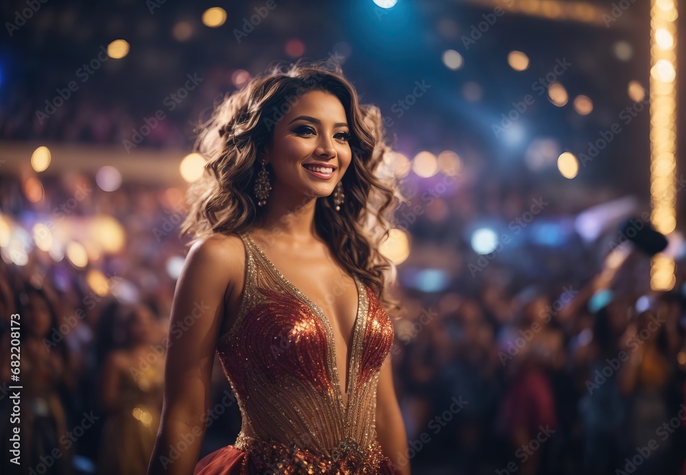Beautiful western women in concert. wearing dazzling dress, blurred crowd of people on the background Beautiful western women in concert. wearing dazzling dress, blurred crowd of people on the background