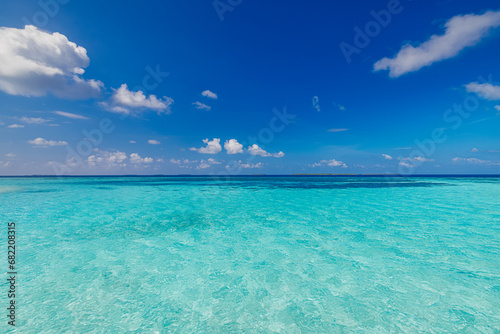 Crystal clear sea water bay. Pristine ocean lagoon sunny cloudy sky, idyllic relaxing seascape. Transparent surface, exotic travel. tropics Mediterranean nature panorama. Summer background, beach view © icemanphotos