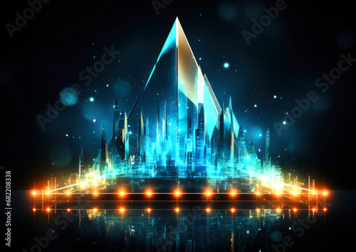 Abstract background, glowing pyramids pointing upward, concept of growth and development