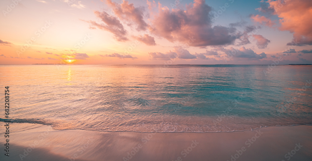Closeup sea sand beach. Panoramic beach landscape. Inspire calm tropical seascape horizon. Colorful sunset sky clouds tranquil relax sunlight summer sunrise mood. Vacation travel holiday destination