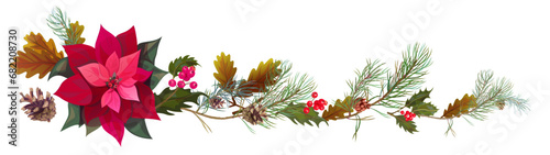 Panoramic view with poinsettia flower (New Year Star), pine branches, cones, holly berry, oak. Horizontal border for Christmas on white background. Realistic illustration in watercolor style. Vector
