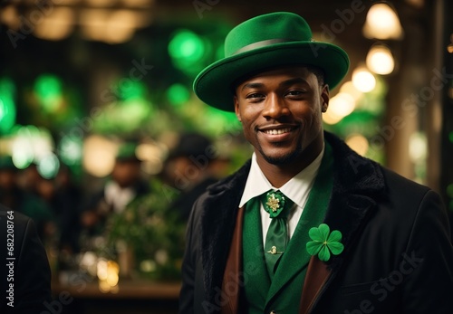Handsome black men celebrate st patric day. wearing clover costume theme, blurred people on the background