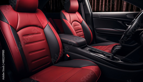 Interior of a modern luxury car in black and red tones