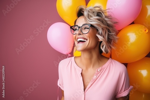Beautiful and gorgeous smiling, happy and pleasant woman with positive vibes. Human person dressed in fashionable, colorful and fun clothes. Generative AI, AI © MiniMaxi