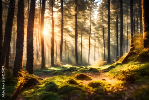 Beautiful in the morning sunshine in the forest with pine trees