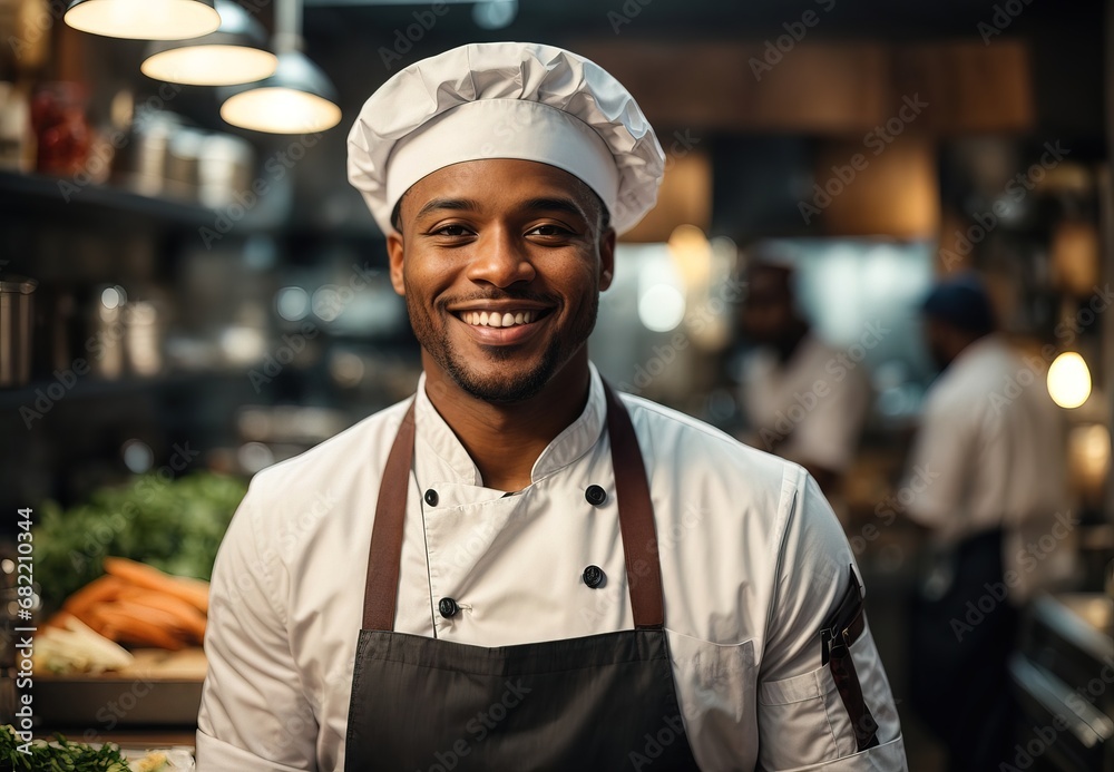 Handsome black men wearing chef costume and hat, vegetable and kitchen equipment on the background Handsome black men wearing chef costume and hat, vegetable and kitchen equipment on the background