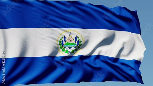 Close-up of the national flag of El Salvador flutters in the wind on a sunny day , 4k slow motion photo