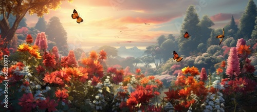 beautiful summer forest of Europe, the colorful flowers create a vibrant background against the silver hues of nature, while butterflies dance gracefully, adding an enchanting touch to the photo