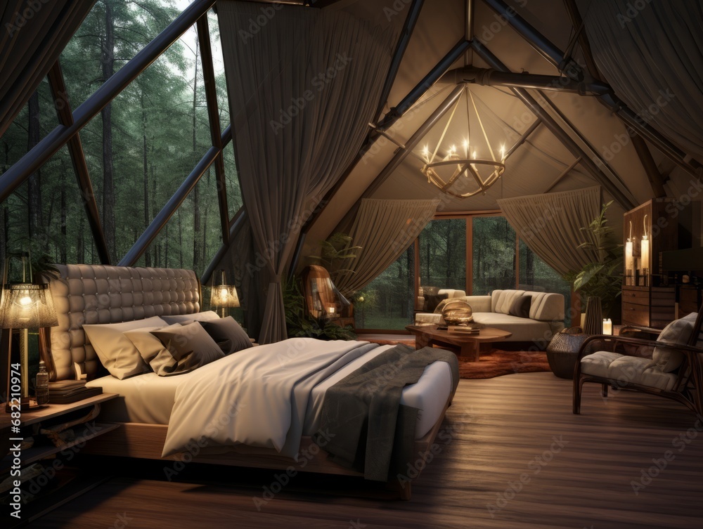 Forest Retreat: Experience a Photorealistic Rendering of a Luxurious Tent Bedroom, Blending Outdoor Artistry with Dark Bronze and Light Beige Tones. Immerse in Eco-Friendly Craftsmanship