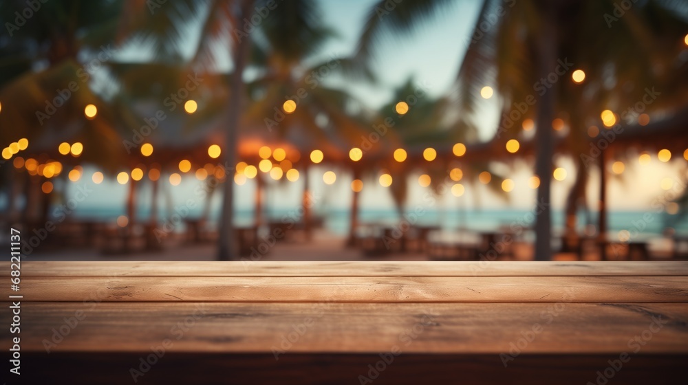 Empty Wooden Table on Summer Beach Background