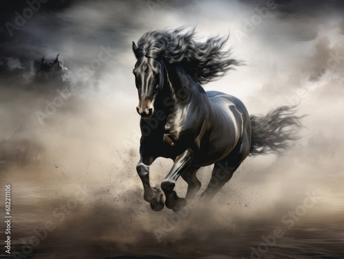 Majestic Gallop: Witness a Photorealistic Rendering of a Black Horse in Full Stride Across Flat Ground, Enveloped in a Misty Atmosphere Illustration Generative AI