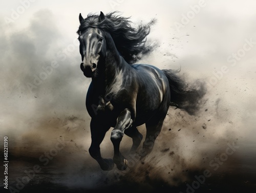 Majestic Gallop: Witness a Photorealistic Rendering of a Black Horse in Full Stride Across Flat Ground, Enveloped in a Misty Atmosphere Illustration Generative AI