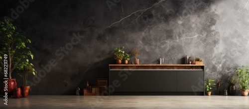 In the kitchen, an old granite wall covered in a grunge chalkboard-like texture stands against the abstract black stone floor, contrasting with the light space. The intricate patterns on the marble