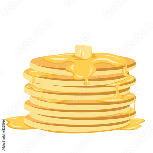 Pancakes with syrup and butter isolated on a white background. 