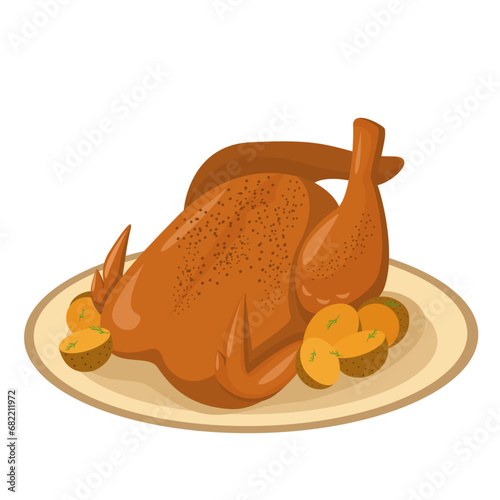 Baked chicken with potatoes isolated on a white background. Thanksgiving day item