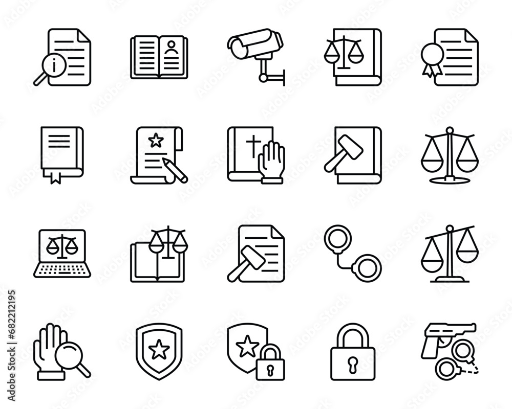 Outline icons set for Law and Justice.