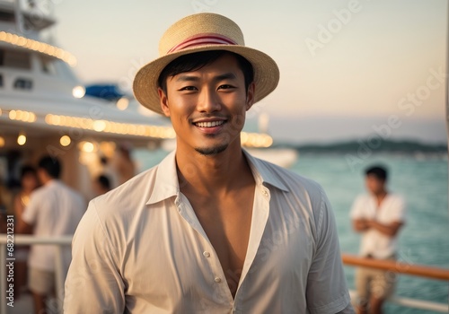 Handsome asian men party in yacth, smile, sea view on the background