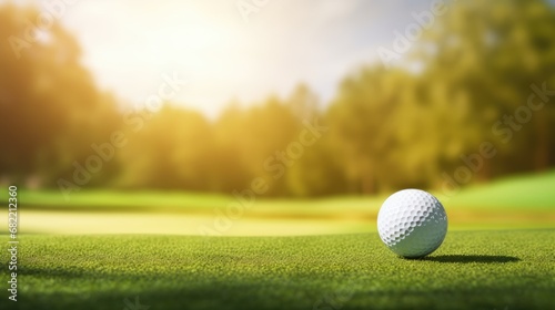 Green grass with golf ball close-up in soft focus at sunlight. Sport playground