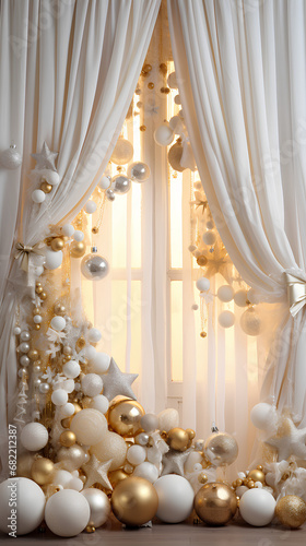 Christmas decoration. Curtains with lights, Christmas balls, gifts, garlands... Christmas backgrounds 