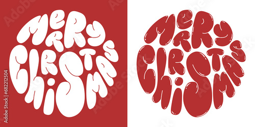 Retro groovy bubble lettering Merry Christmas. Round slogan in vintage style 60s 70s. Trendy groovy print design for background, posters, cards, tshirts.