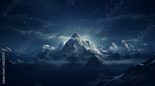 AI generated illustration of a night scene with majestic mountains against a star-studded sky