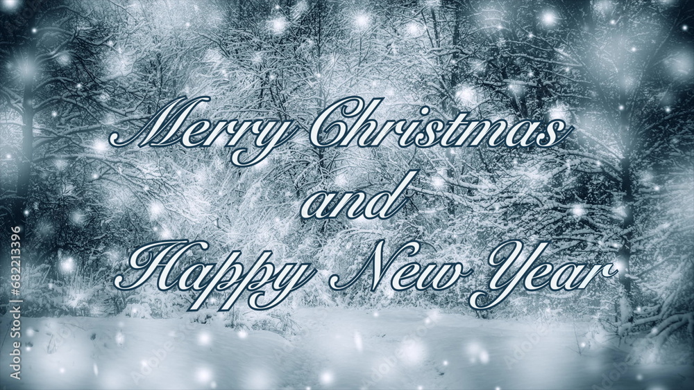 Merry Christmas and Happy New Year words letters design celebration. Winter falling snow and snowflakes in forest trees. Text background backdrop. Merry Christmas and Happy New Year words letters design celebration. Winter falling snow and snowflakes in forest trees. Text background backdrop.
