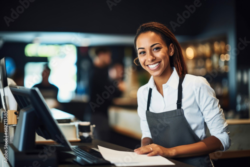 Smiling, young and attractive saleswoman, cashier serving customers. photo