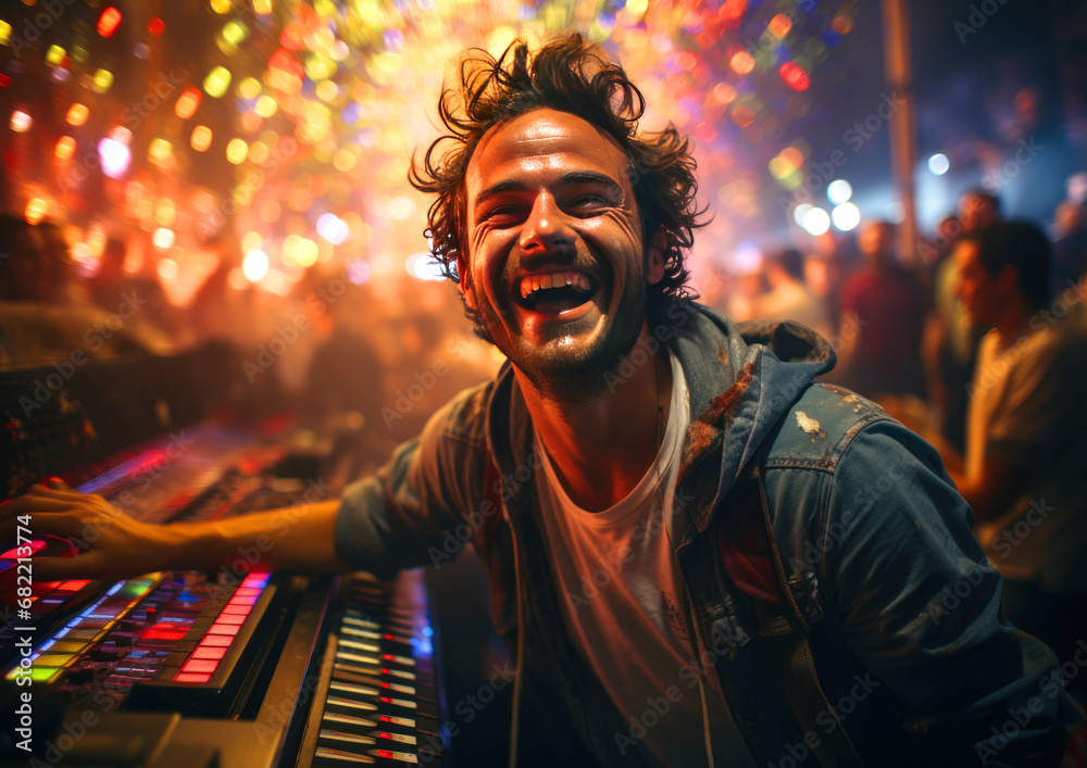 Laughing male DJ at the console playing music at a night club party Laughing male DJ at the console playing music at a night club party