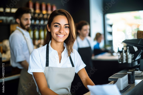 Smiling, young and attractive saleswoman, cashier serving customers. photo