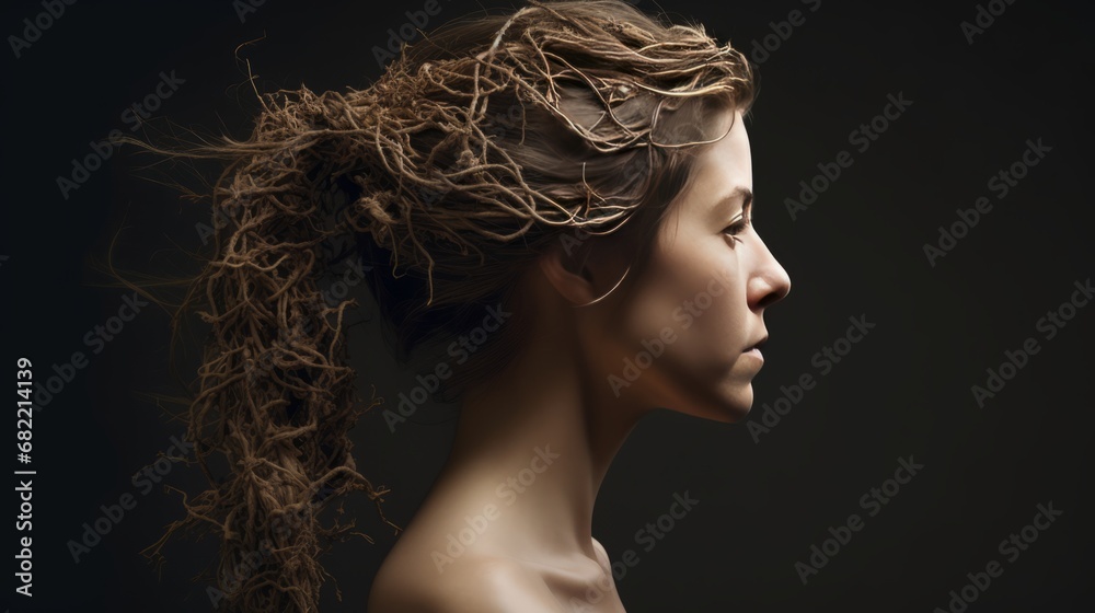 Portrait of Woman with dry hair turned into withered tree branches. Concept of damaged hair, loneliness and depression. - obrazy, fototapety, plakaty 