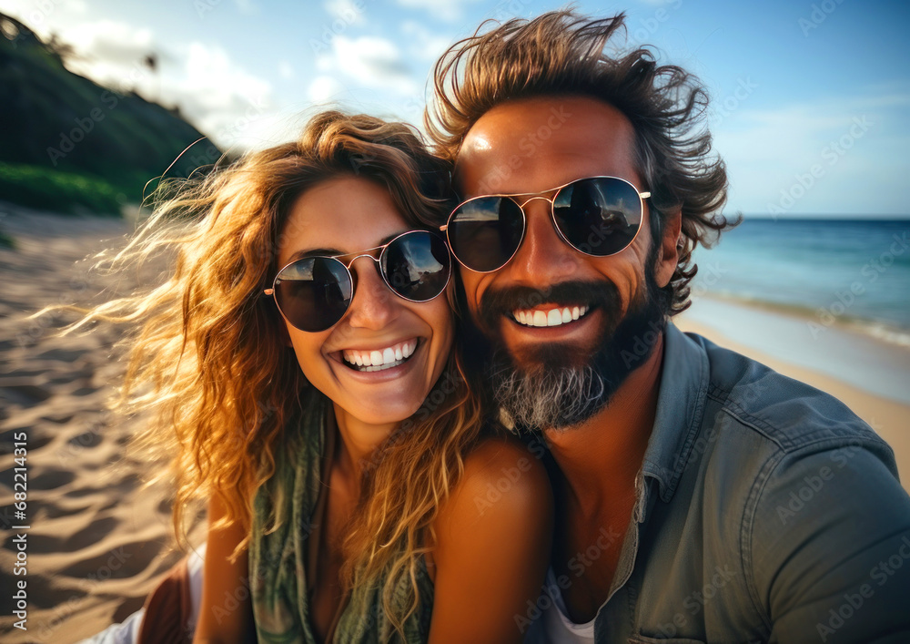 happy laughing couple taking selfie on the beach, enjoying summer vacation together happy laughing couple taking selfie on the beach, enjoying summer vacation together