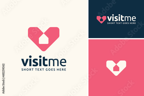 Heart Love Shape Initial Letter V Visit with House for Home Lover logo design